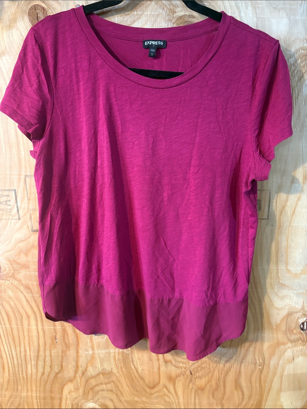 Express Women’s Short Sleeve Scoop Neck Top in Magenta With Sheer Bottom